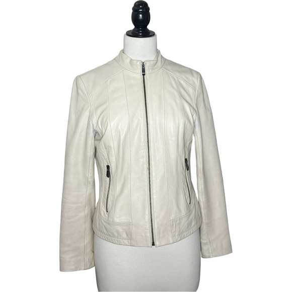 Pelle Studio Cream Leather Zip Front And Pockets Tapered Jacket S - Picture 1 of 9